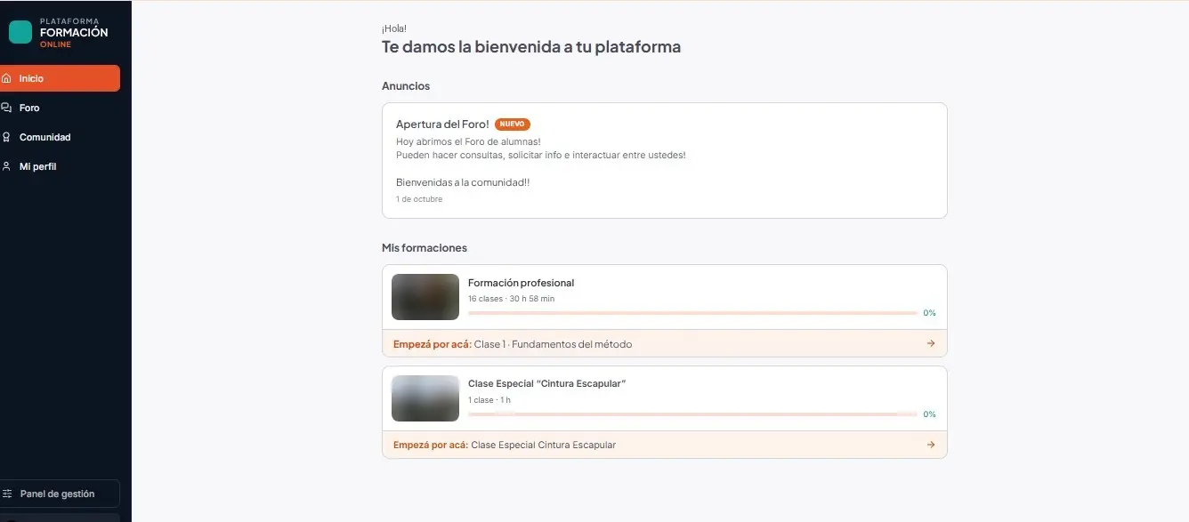 Área de alumno de la plataforma de formación, con anuncios y cursos en progreso