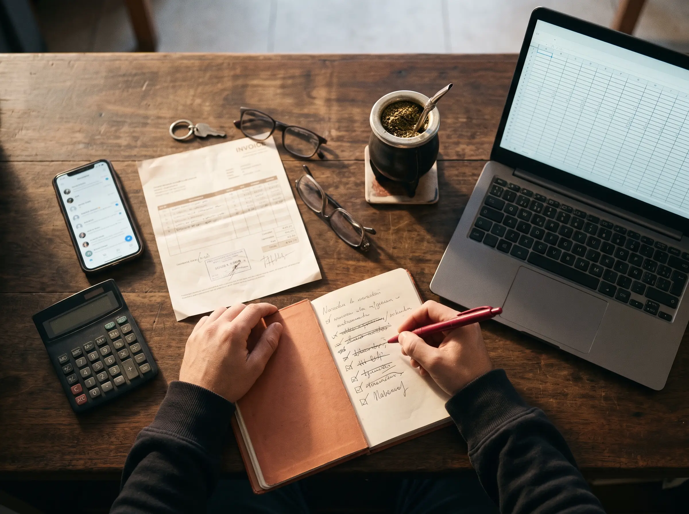 Escritorio con cuaderno de tareas, factura, calculadora, mate y una planilla en la compu