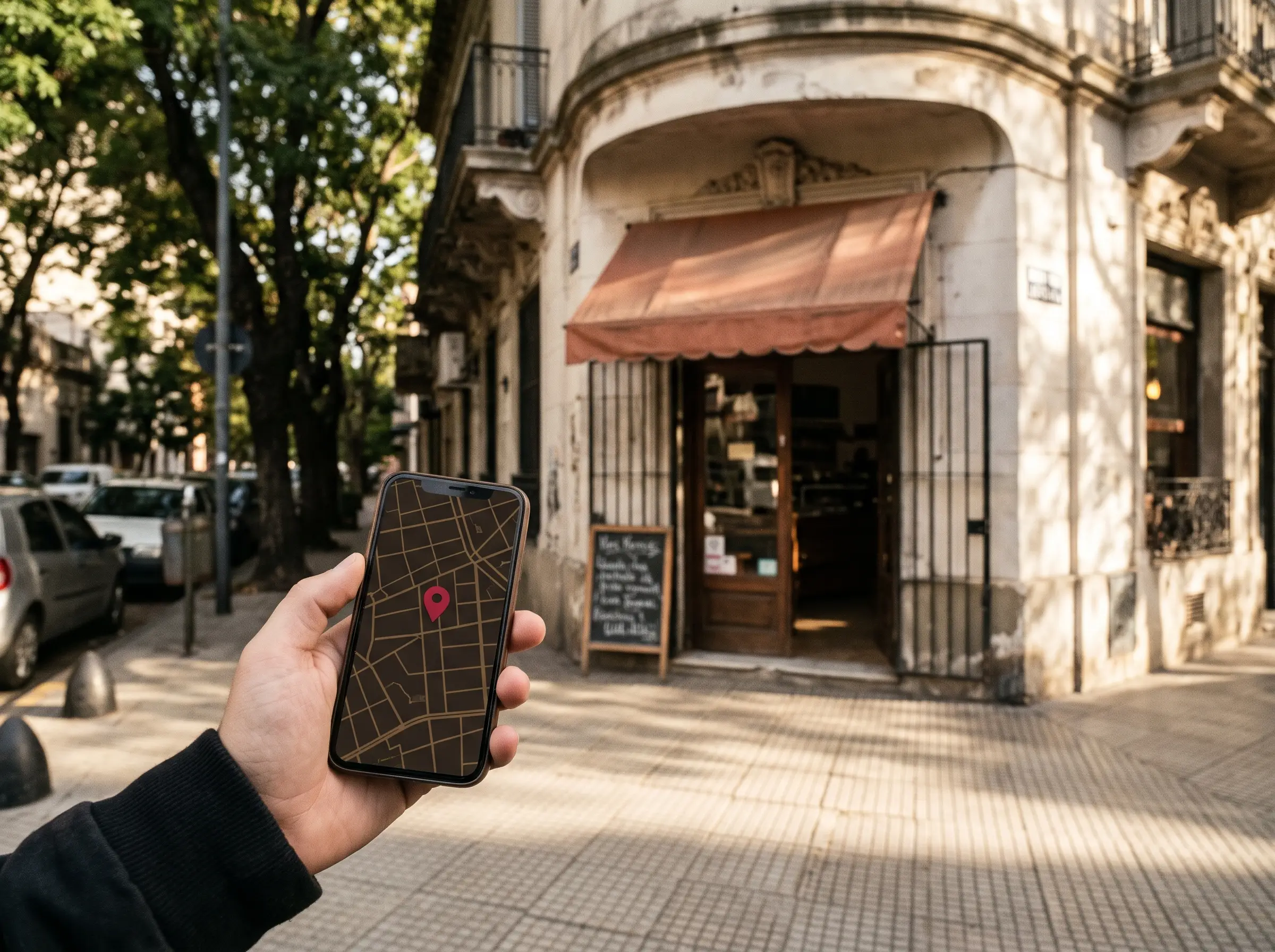 Mano con un celular mostrando un mapa frente a un comercio de esquina